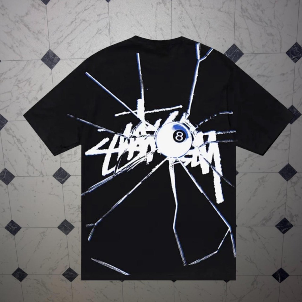 Stussy Shattered 8-Ball Black Graphic Tee Size XL